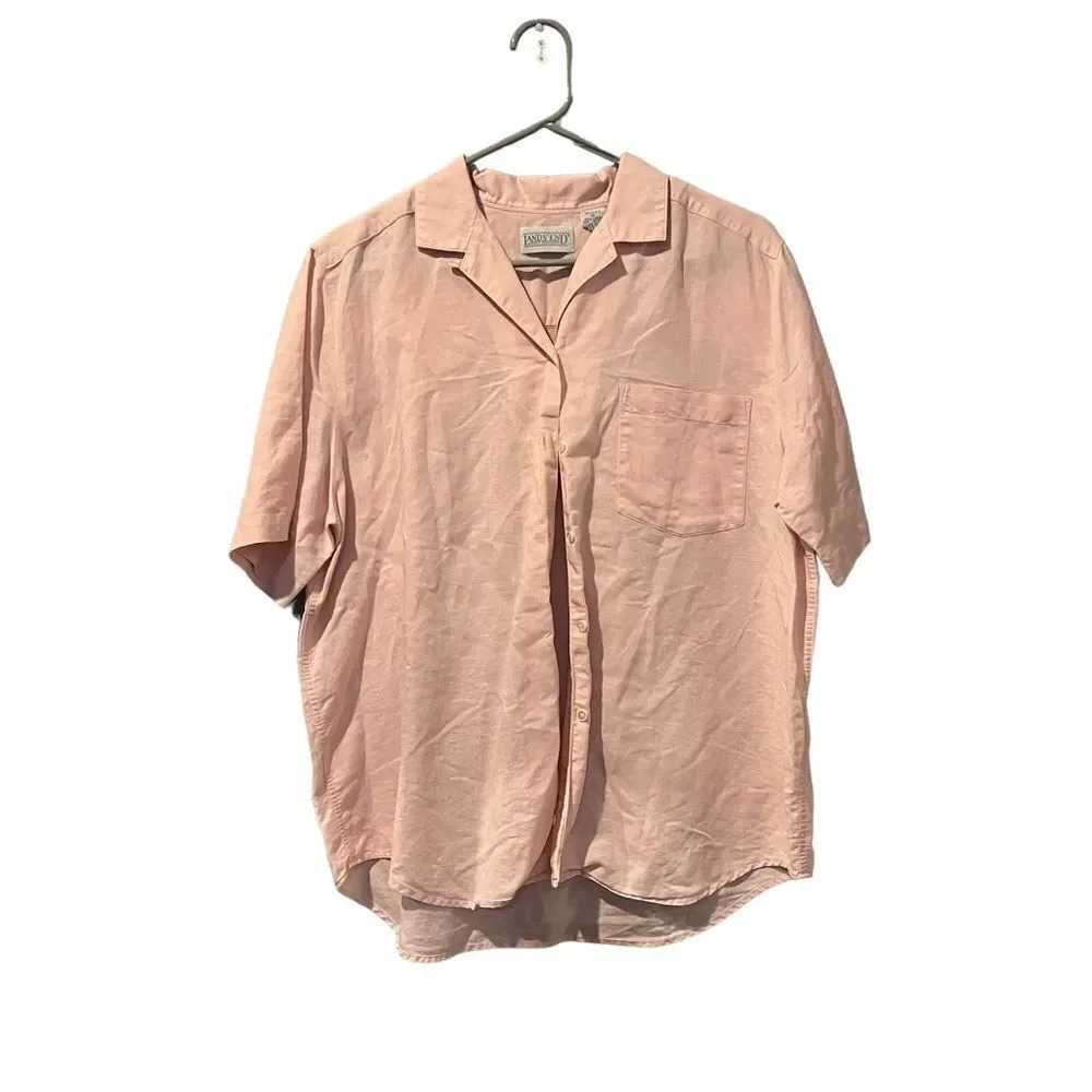 Lands End‎ Women's Short Sleeve Linen Button Down Shirt Size 14